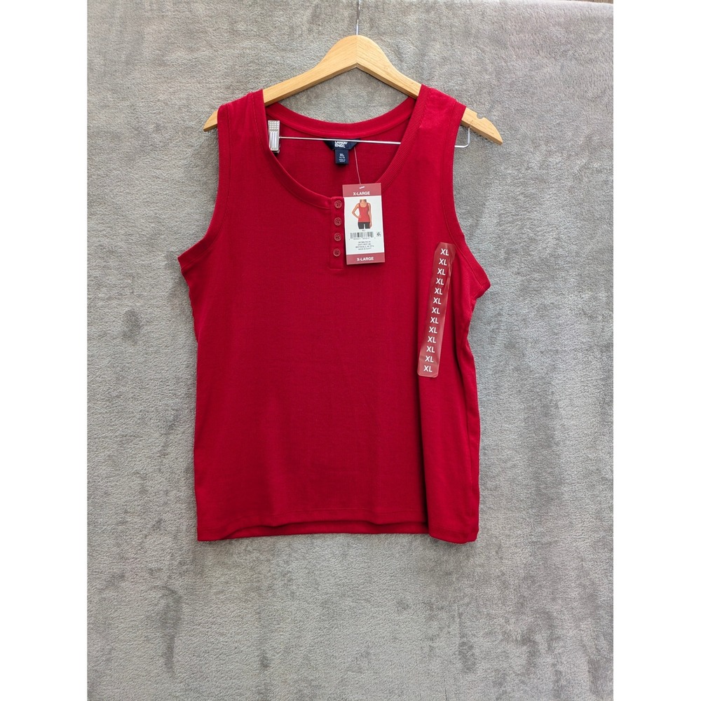 Classic Henley Tank Top Womens XL Red Ribbed Sleeveless Button Neck
